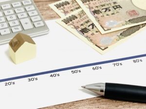 電卓と日本円の紙幣、住宅模型を並べた資金計画・住宅ローンをイメージした写真