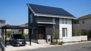 施工後｜片流れのガルバリウム屋根の南面に黒い太陽光パネルが整然と設置された完成後のモダンな戸建て住宅