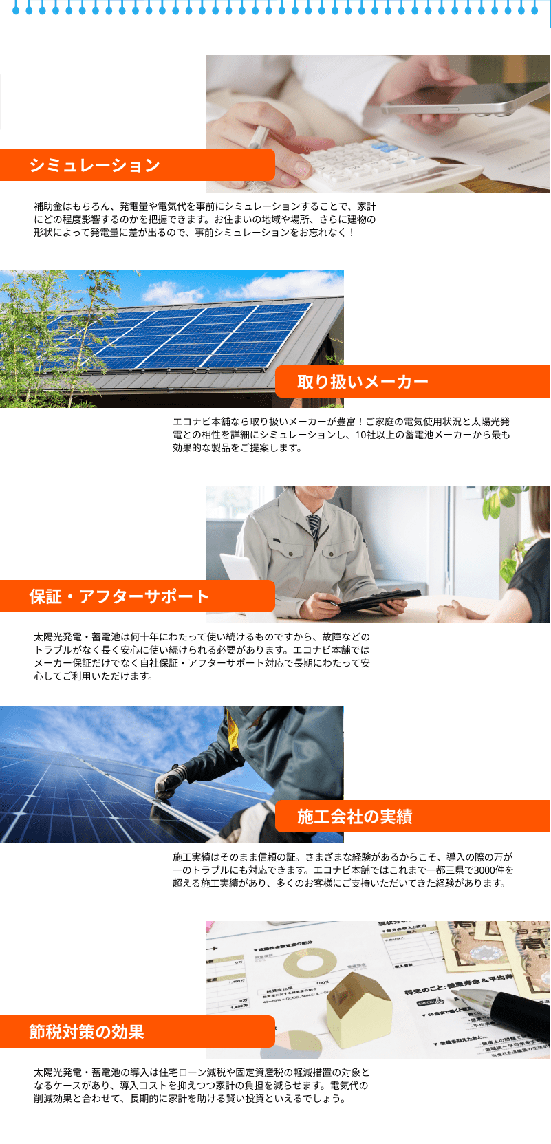 シミュレーション：補助金はもちろん、発電量や電気代を事前にシミュレーションすることで、家計にどの程度影響するのかを把握できます。お住まいの地域や場所、さらに建物の形状によって発電量に差が出るので、事前シミュレーションをお忘れなく！／取り扱いメーカー：エコナビ本舗なら取り扱いメーカーが豊富！ご家庭の電気使用状況と太陽光発電との相性を詳細にシミュレーションし、10社以上の蓄電池メーカーから最も効果的な製品をご提案します。／保証・アフターサポート：太陽光発電・蓄電池は何十年にわたって使い続けるものですから、故障などのトラブルがなく長く安心に使い続けられる必要があります。エコナビ本舗ではメーカー保証だけでなく自社保証・アフターサポート対応で長期にわたって安心してご利用いただけます。／施工会社の実績：施工実績はそのまま信頼の証。さまざまな経験があるからこそ、導入の際の万が一のトラブルにも対応できます。エコナビ本舗ではこれまで一都三県で3000件を超える施工実績があり、多くのお客様にご支持いただいてきた経験があります。