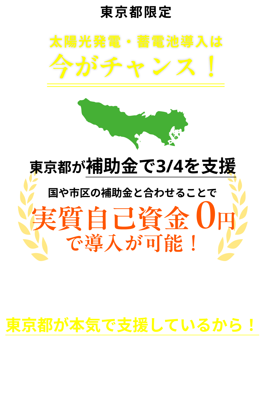 東京都限定。太陽光発電・蓄電池導入は今がチャンス！東京都が補助金で3/4を支援。実質自己資金 0円で導入が可能！これだけ補助金が充実なのは東京都が本気で支援しているから！