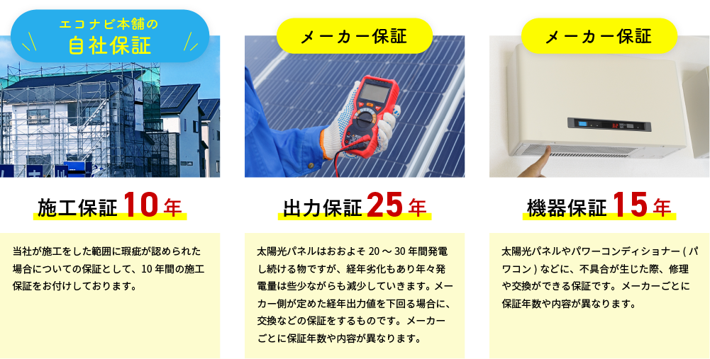 エコナビ本舗の自社保証10年/出力保証25年/機器保証15年