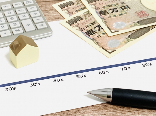 電卓と日本円の紙幣、住宅模型を並べた資金計画・住宅ローンをイメージした写真