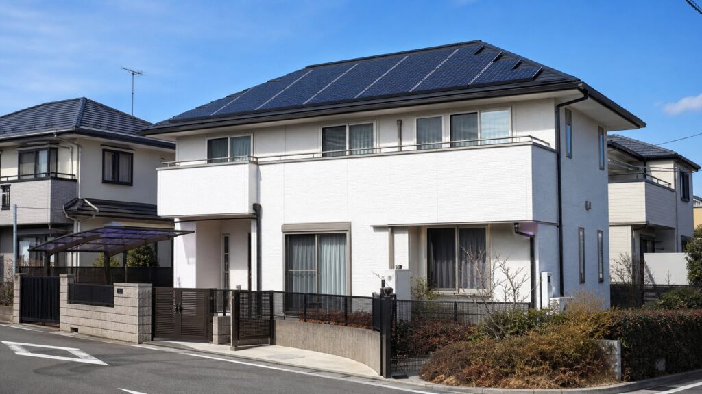 施工後｜寄棟スレート屋根の南面に黒い太陽光パネルが整然と設置された完成後の戸建て住宅