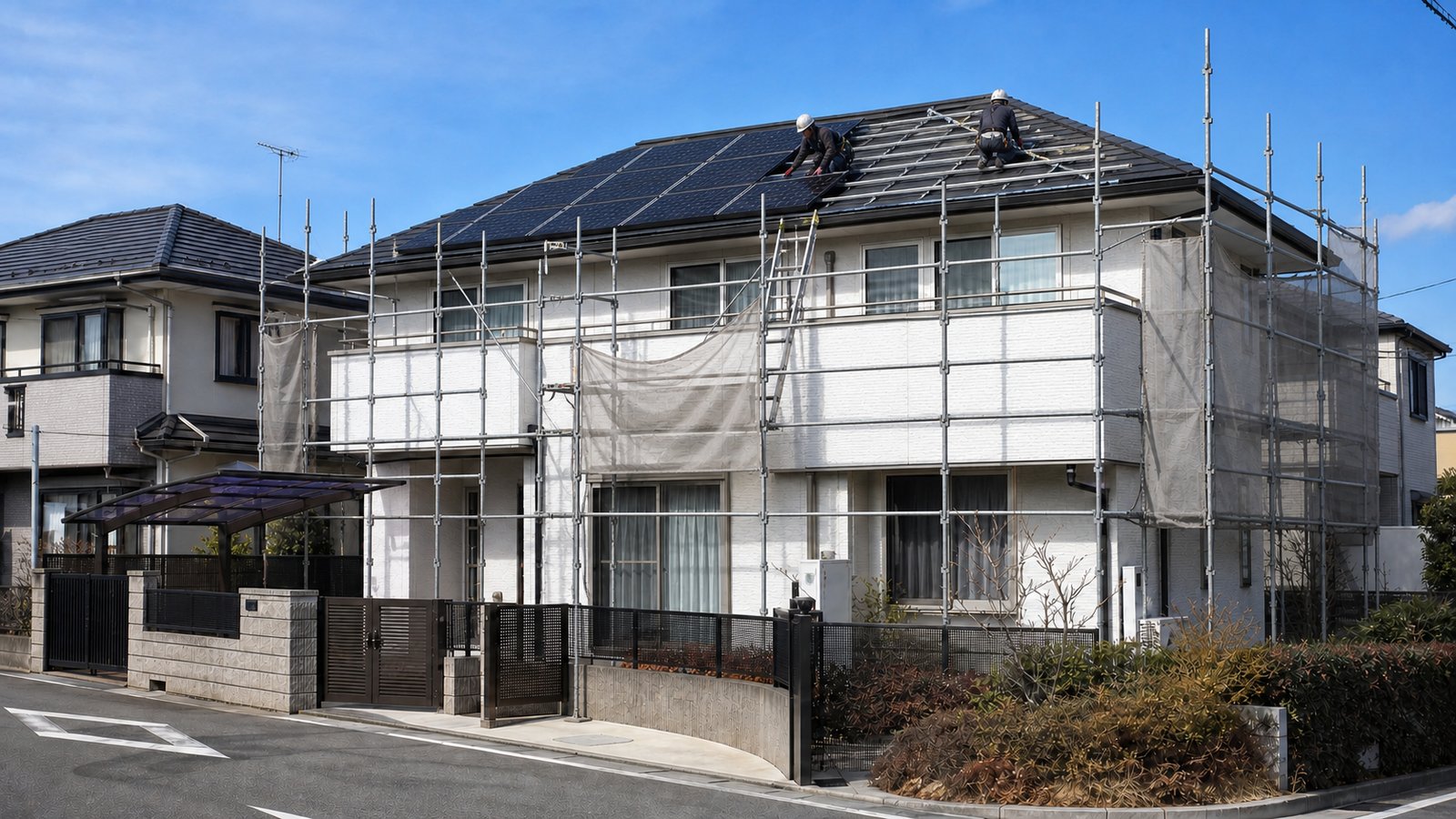 施工中|足場を組んだ戸建て住宅の屋根で、作業員が太陽光パネルの架台固定・設置作業を行っている様子