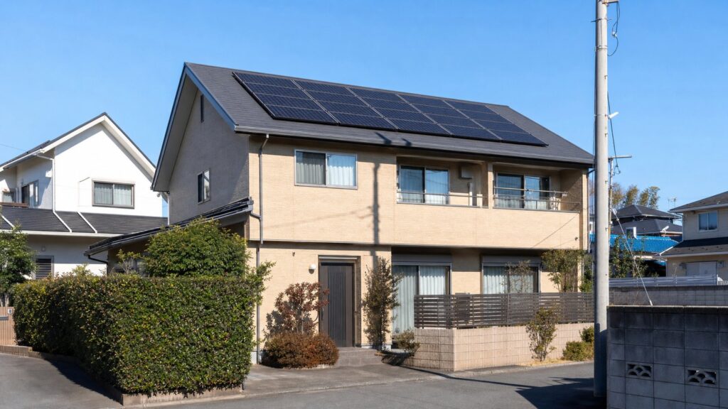 施工後｜切妻スレート屋根の南面に黒い太陽光パネルが整然と設置された完成後の戸建て住宅