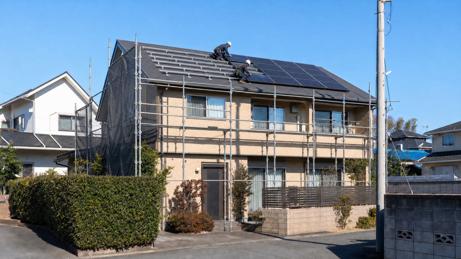 施工中|足場を組んだ戸建て住宅の屋根で、作業員が太陽光パネルの架台固定・設置作業を行っている様子
