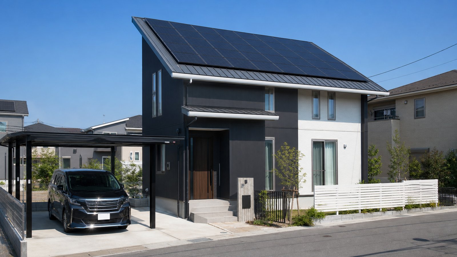 施工後｜片流れのガルバリウム屋根の南面に黒い太陽光パネルが整然と設置された完成後のモダンな戸建て住宅。晴天の青空