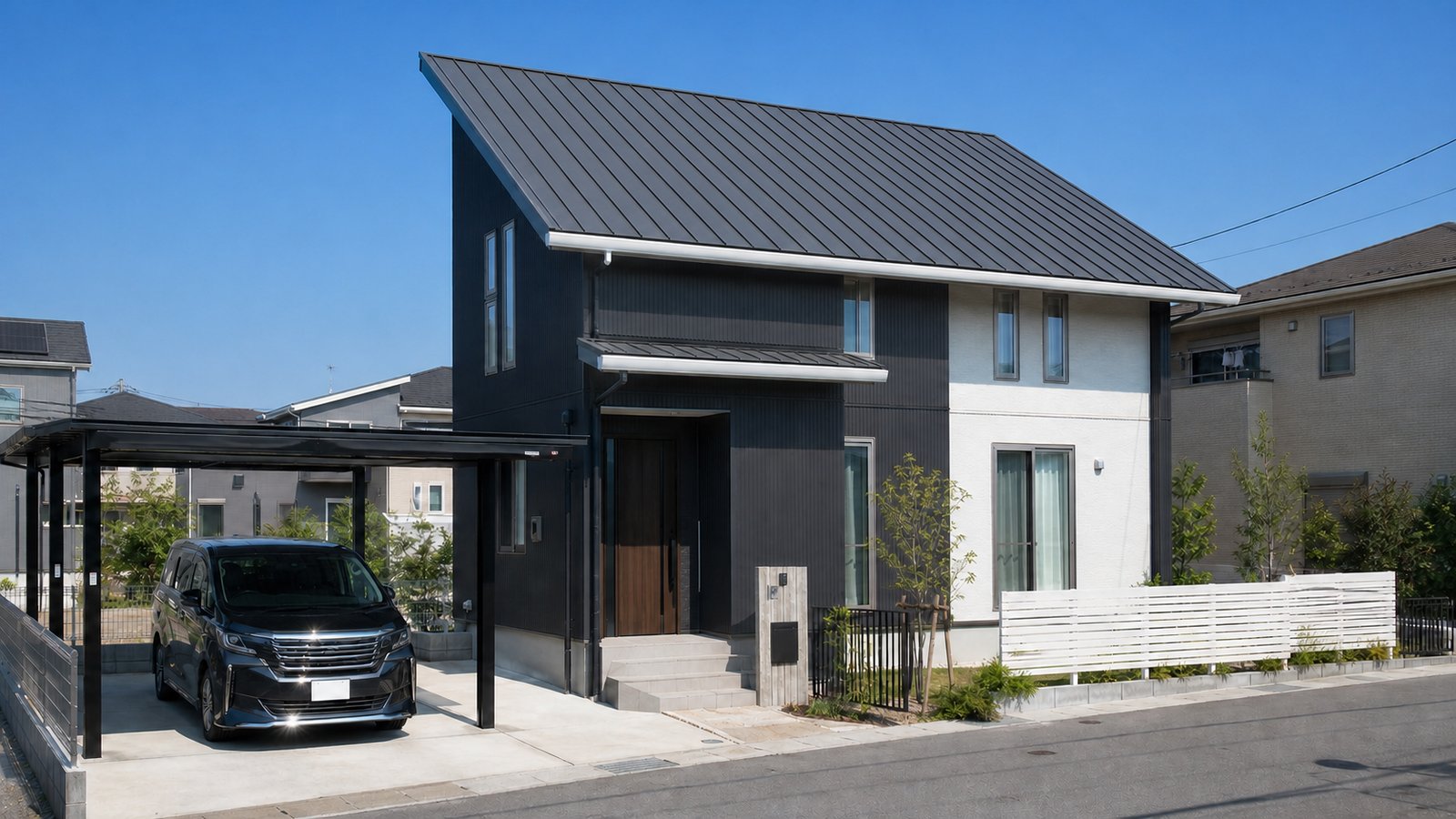 施工前｜千葉県柏市のモダンな戸建て住宅。南向きの片流れのガルバリウム屋根にはまだ太陽光パネルが設置されていない状態