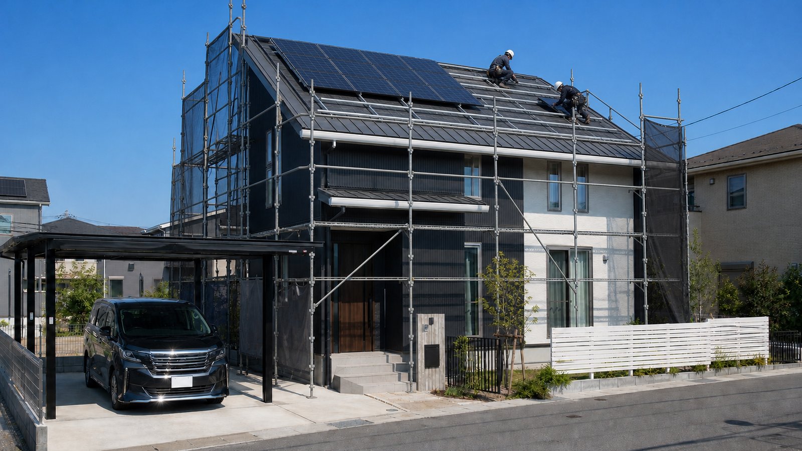 施工中｜足場を組んだモダンな戸建て住宅の片流れ屋根で、作業員が太陽光パネルの架台固定・設置作業を行っている様子