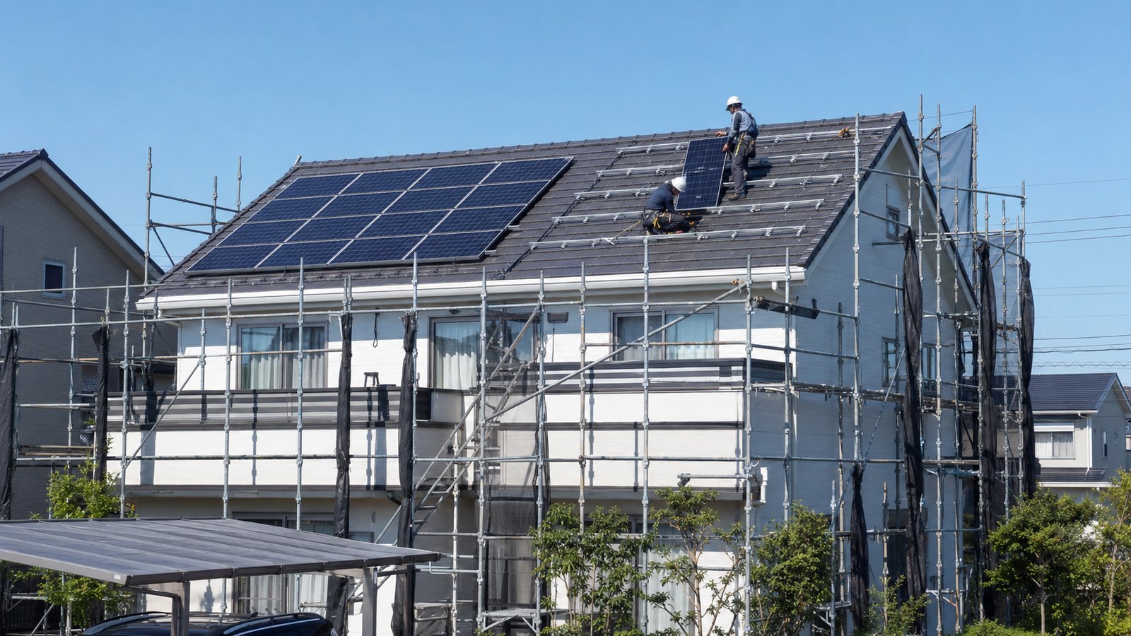 施工中|足場を組んだ戸建て住宅の屋根で、作業員が太陽光パネルの架台固定・設置作業を行っている様子